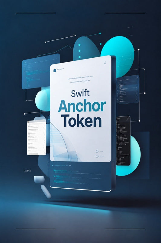 A digital cover design for 'Swift Cipher Archive' displayed on a floating tablet screen, surrounded by floating code panels, glowing cyan circles, and a dark blue background.