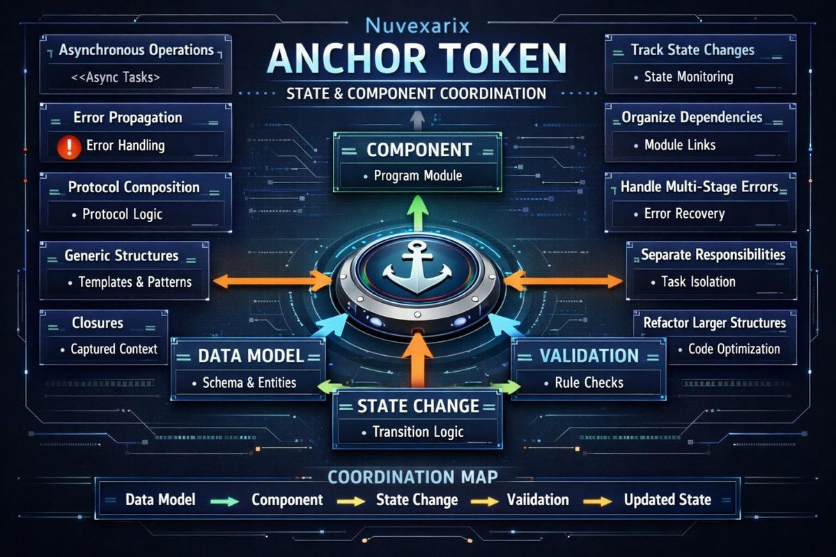 A digital infographic titled 'Nuvexarix Halo Space Custom Types & Program Structure' showing a dark futuristic interface with boxes and arrows for structure topics, organization skills, custom values, and a structure map.