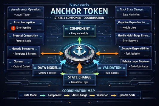 A digital infographic titled 'Nuvexarix Halo Space Custom Types & Program Structure' showing a dark futuristic interface with boxes and arrows for structure topics, organization skills, custom values, and a structure map.