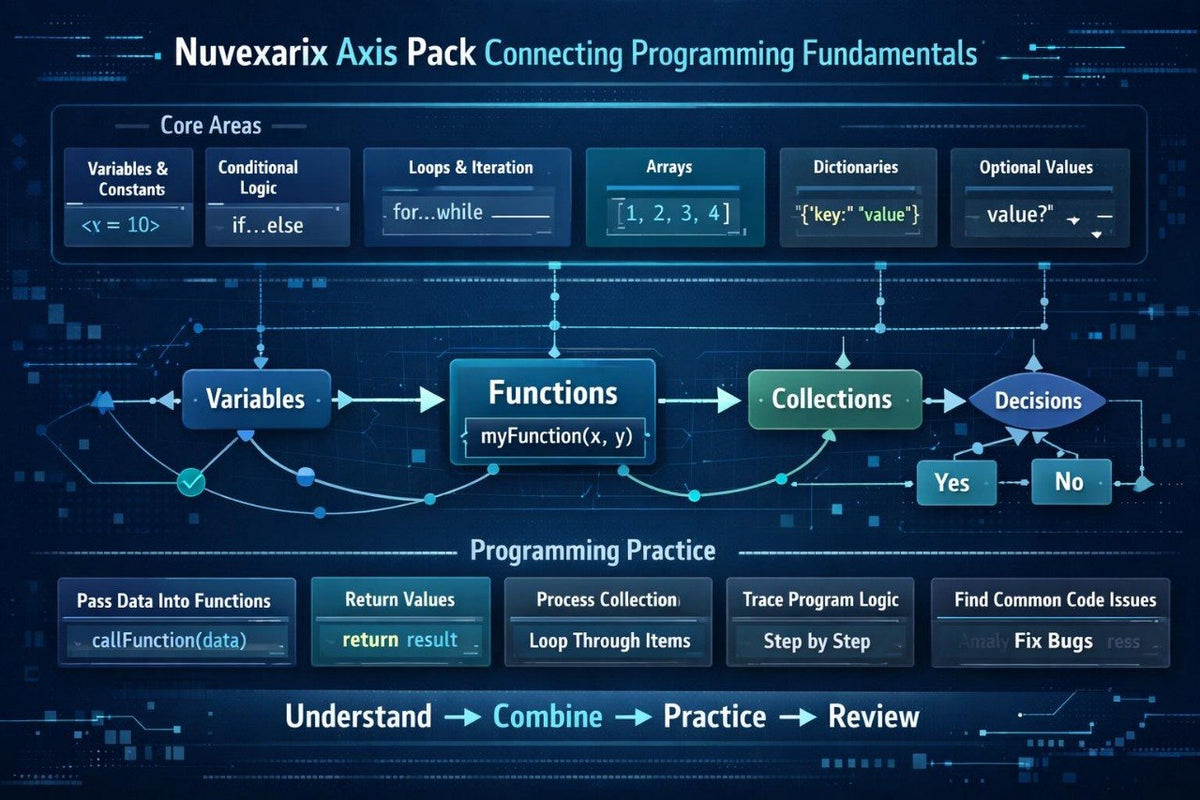 A digital infographic titled 'Nuvexarix Halo Space Custom Types & Program Structure' showing a dark futuristic interface with boxes and arrows for structure topics, organization skills, custom values, and a structure map.