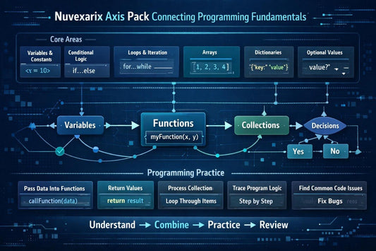 A digital infographic titled 'Nuvexarix Halo Space Custom Types & Program Structure' showing a dark futuristic interface with boxes and arrows for structure topics, organization skills, custom values, and a structure map.