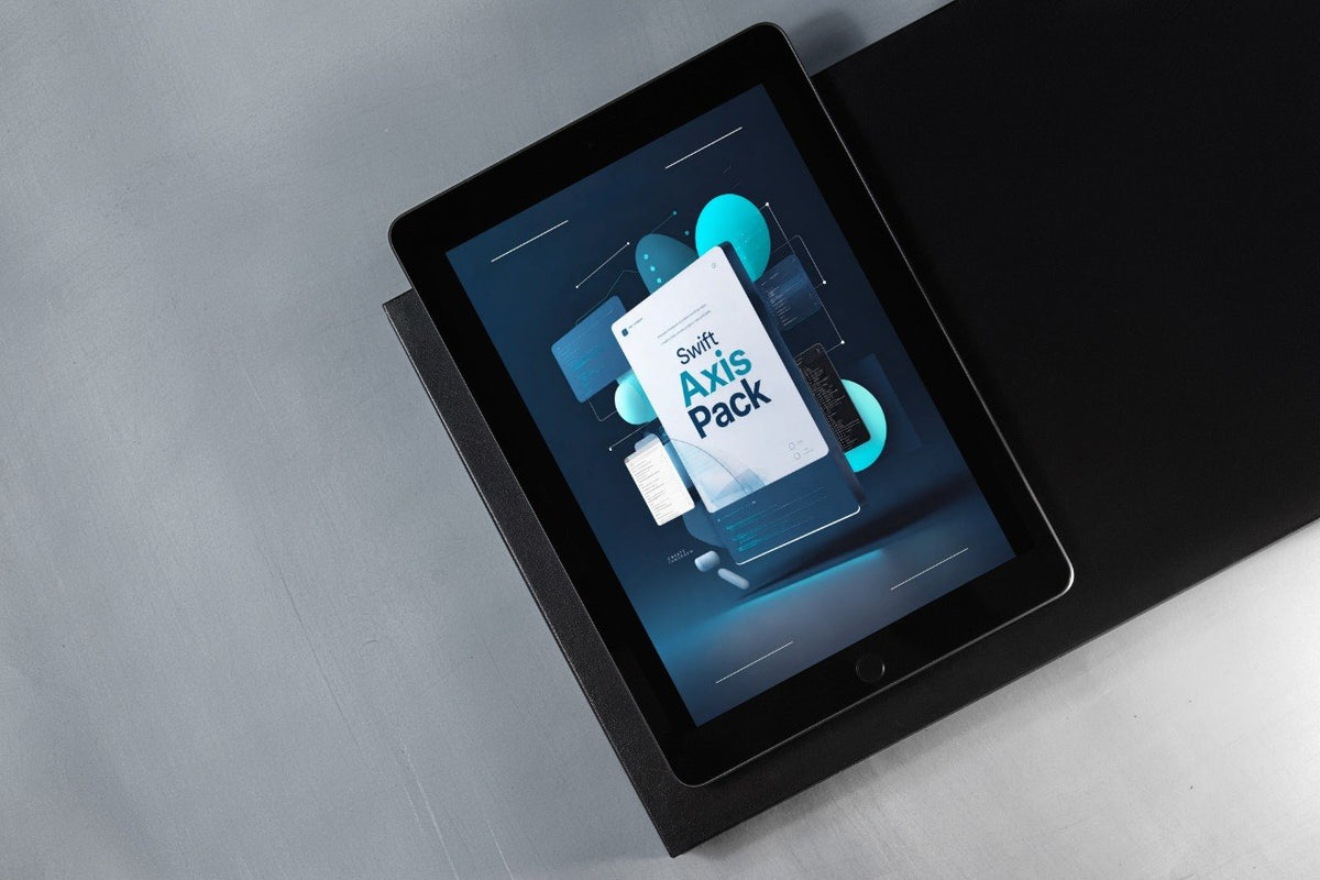A black tablet device lying on a dark surface against a light gray background, displaying a digital cover titled 'Swift Vertex Link' on its screen.