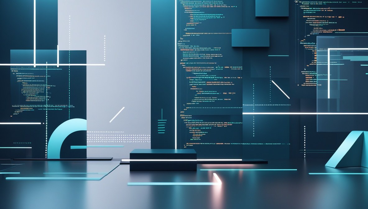 A futuristic digital rendering of a dark blue and teal code-themed studio set with glowing interface panels, geometric shapes, and a reflective floor.