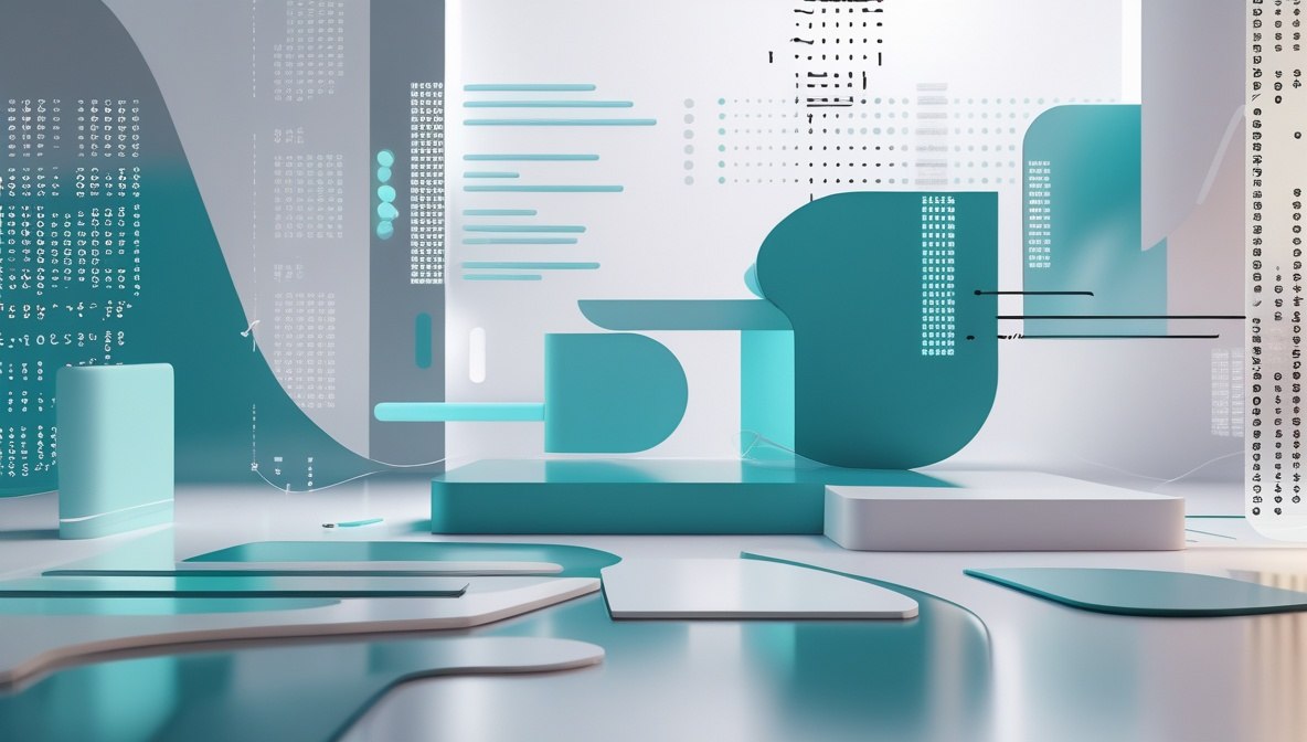 Abstract 3D geometric scene with teal and white curved blocks, platforms, and floating interface-like shapes on a glossy surface, rendered in a clean futuristic style.