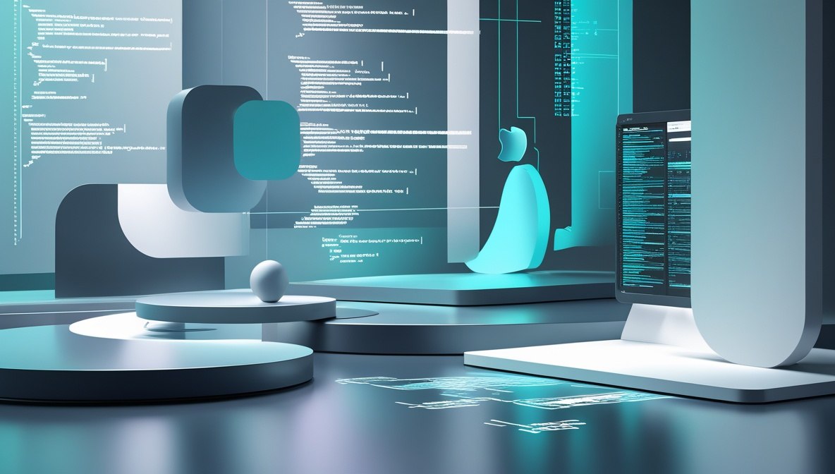 A futuristic digital workspace scene with abstract geometric platforms, glowing cyan and blue interface elements, a stylized seated figure, and computer monitor screens displaying code on a dark reflective surface.