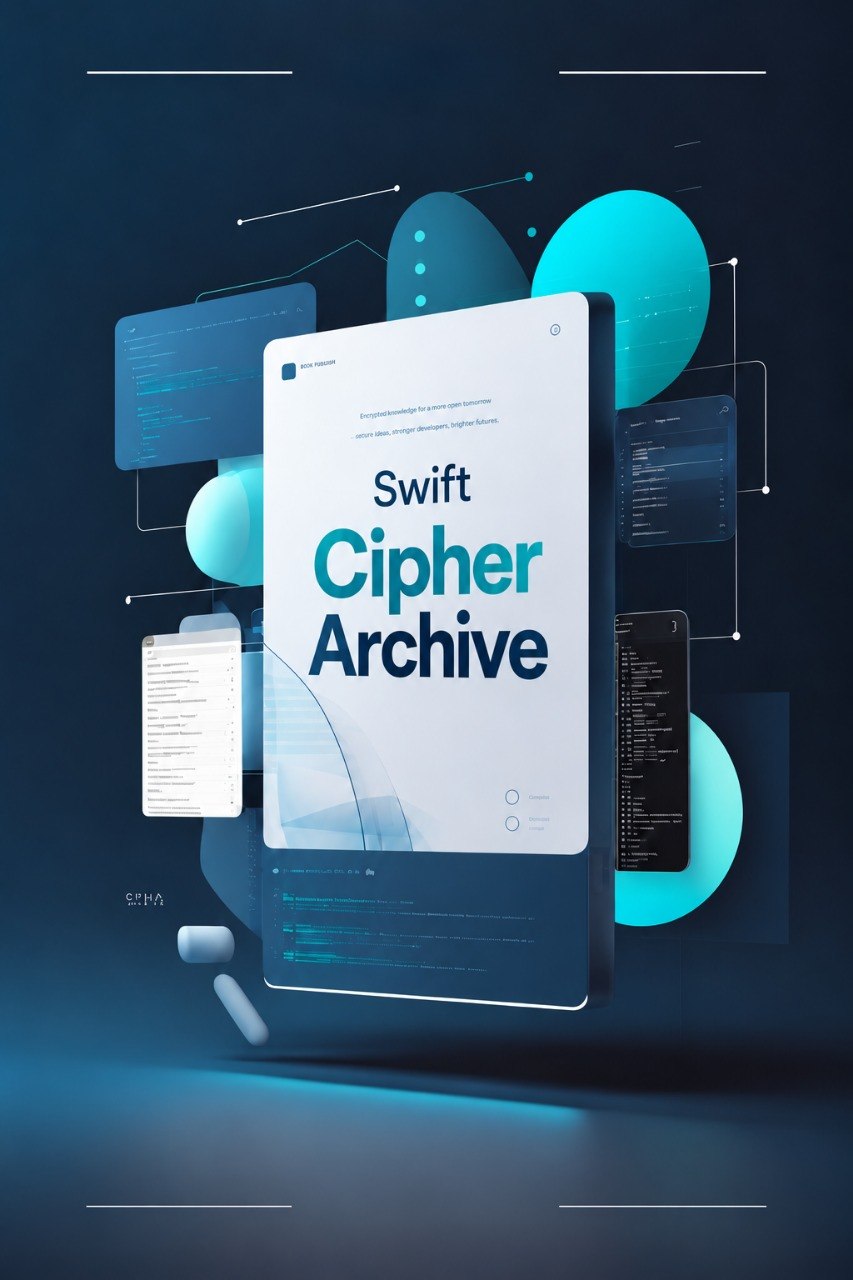 A digital cover design for 'Swift Cipher Archive' displayed on a floating tablet screen, surrounded by floating code panels, glowing cyan circles, and a dark blue background.