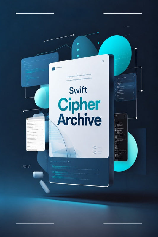A digital cover design for 'Swift Cipher Archive' displayed on a floating tablet screen, surrounded by floating code panels, glowing cyan circles, and a dark blue background.