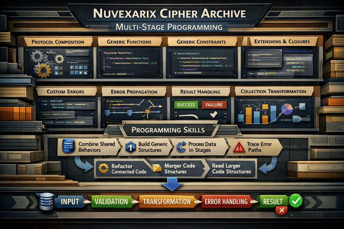A digital infographic titled 'Nuvexarix Halo Space Custom Types & Program Structure' showing a dark futuristic interface with boxes and arrows for structure topics, organization skills, custom values, and a structure map.