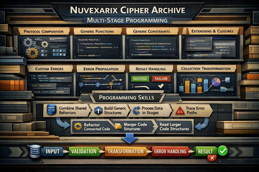 A digital infographic titled 'Nuvexarix Halo Space Custom Types & Program Structure' showing a dark futuristic interface with boxes and arrows for structure topics, organization skills, custom values, and a structure map.