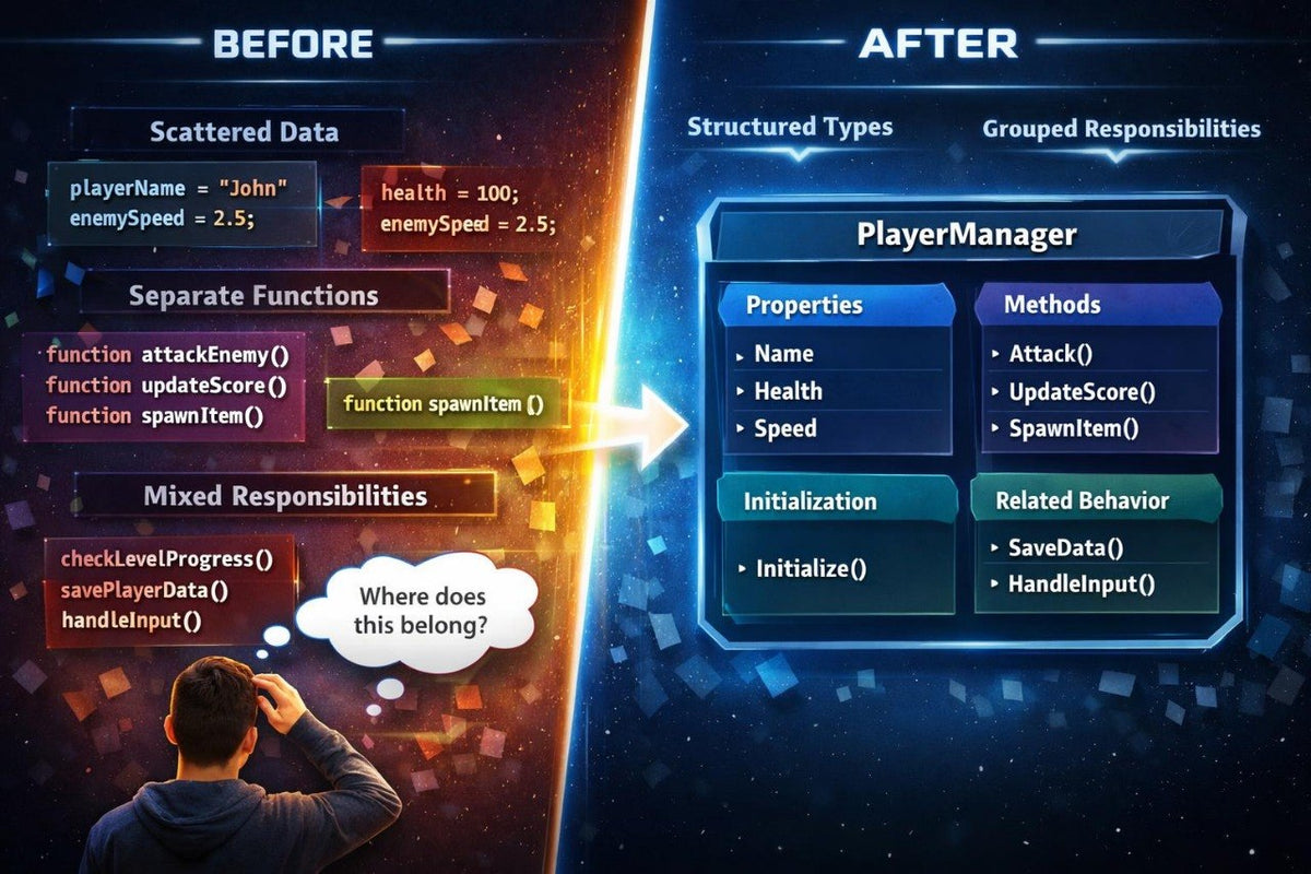A before-and-after software design comparison graphic. The left side, labeled BEFORE, shows a programmer looking up at a board with messy code snippets like scattered data and separate functions.