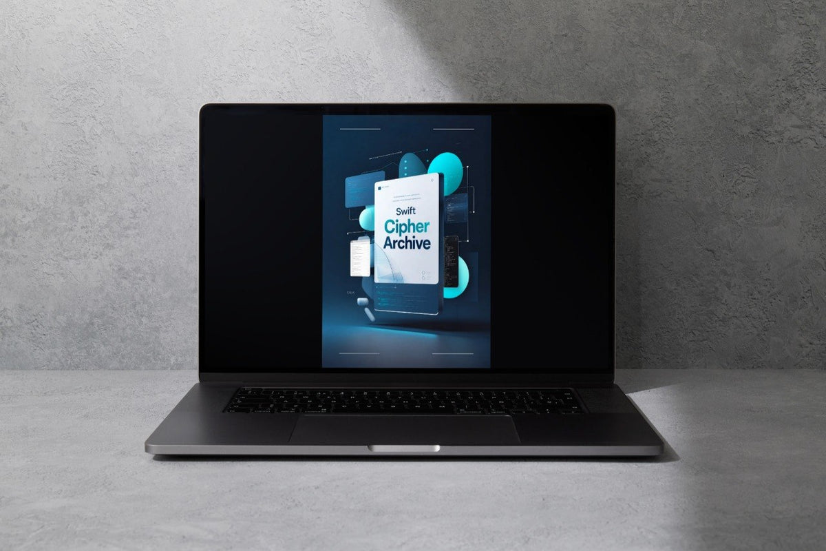A dark gray laptop sits open on a light gray surface against a textured gray wall, with its screen displaying a digital graphic that reads 'Shift Anchor Token'.