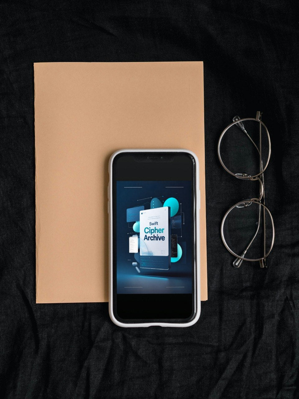 A smartphone lying on a tan paper sheet over a black fabric surface, with eyeglasses to the right. The phone screen displays the Vertex Link logo.