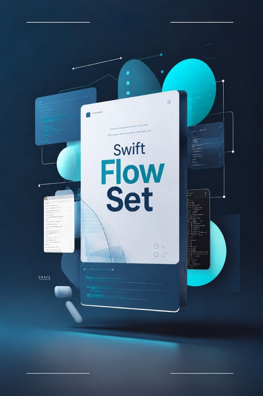 A digital cover design for a 'Swift Flow Set' featuring a central white tablet mockup with blue and teal text, surrounded by floating code screens, abstract teal circles, and a dark blue background.
