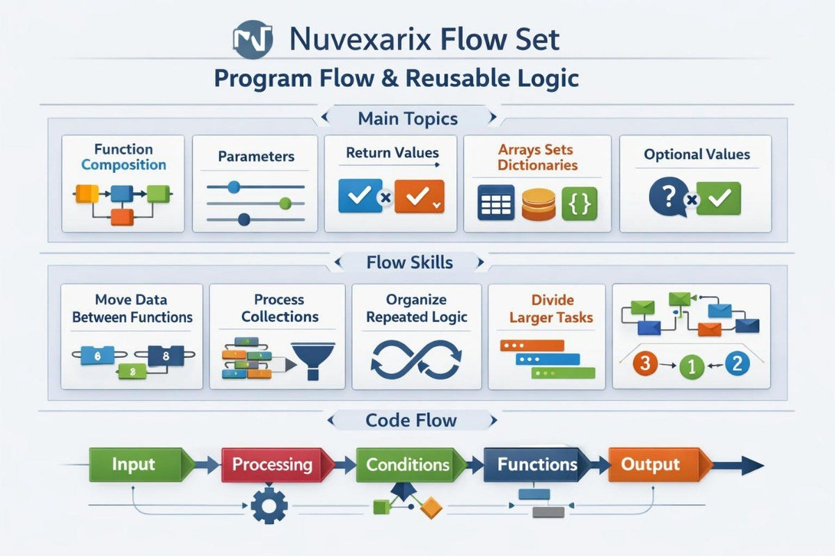 An infographic titled 'Nuvexarium Flow Set Program Flow & Reusable Logic' with multiple panels showing topics like function composition, parameters, return values, arrays and sets, flow skills, code flow, and a simplified input-to-output process diagram.