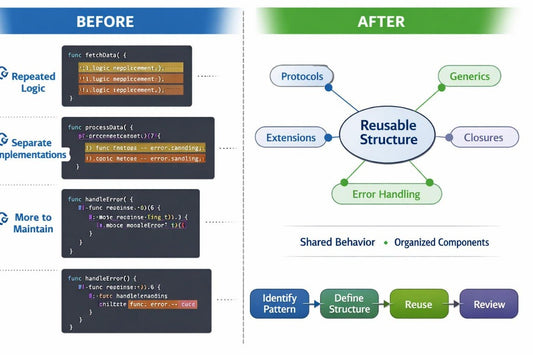 A before-and-after software architecture comparison infographic. The left 'BEFORE' column shows code snippets and text like 'Repeated Logic', 'Separate Implementations', and 'More to Maintain' in blue, orange, and dark gray blocks.