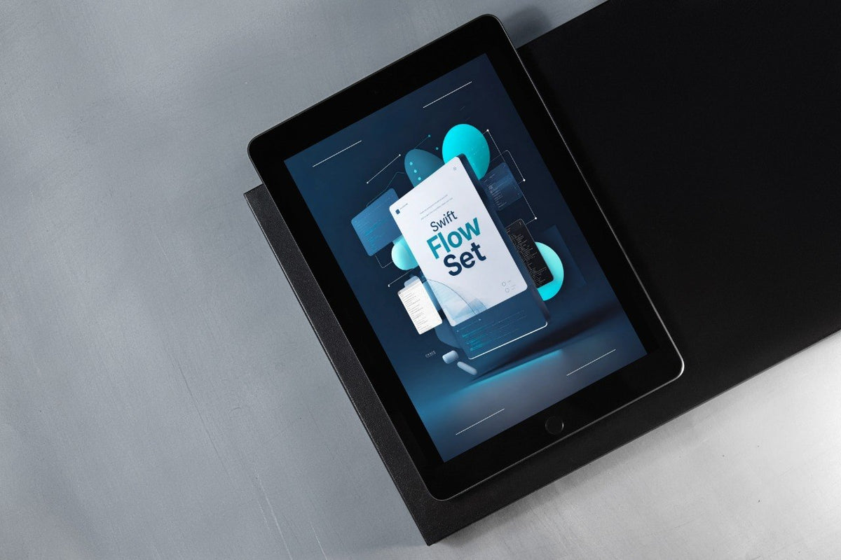 A black tablet device lying on a dark surface against a light gray background, displaying a digital cover titled 'Swift Flow Set' on its screen.