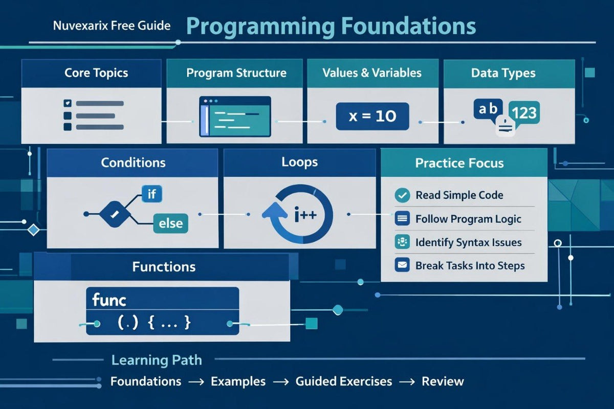 An educational infographic titled 'Nuvexar Free Guide Programming Foundations' with a dark blue and teal color scheme. It outlines core programming topics such as 'Core Topics', 'Program Structure', 'Values & Variables', 'Data Types', 'Conditions', 'Loops', 'Functions', and 'Practice Focus' using diagrammatic blocks and icons.