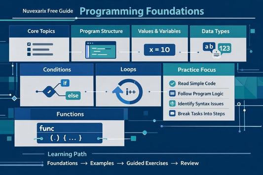 An educational infographic titled 'Nuvexar Free Guide Programming Foundations' with a dark blue and teal color scheme. It outlines core programming topics such as 'Core Topics', 'Program Structure', 'Values & Variables', 'Data Types', 'Conditions', 'Loops', 'Functions', and 'Practice Focus' using diagrammatic blocks and icons.