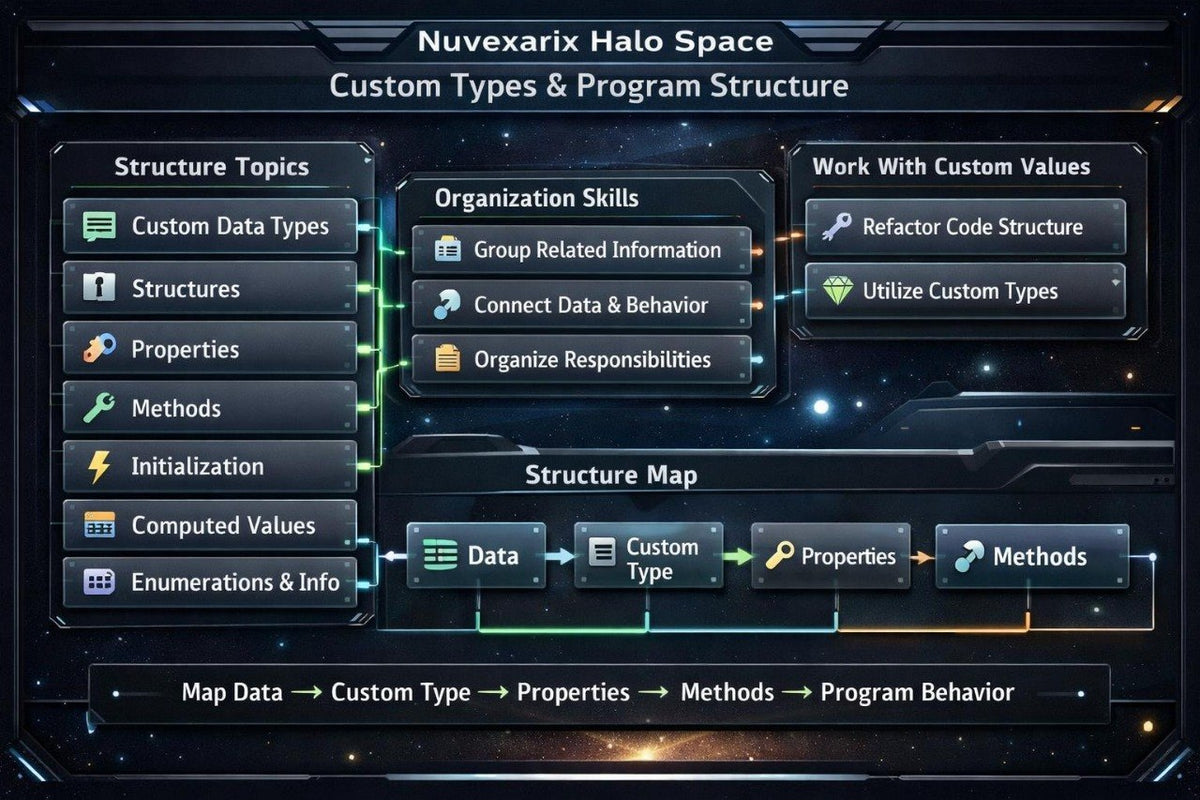 A digital infographic titled 'Nuvexarix Halo Space Custom Types & Program Structure' showing a dark futuristic interface with boxes and arrows for structure topics, organization skills, custom values, and a structure map.