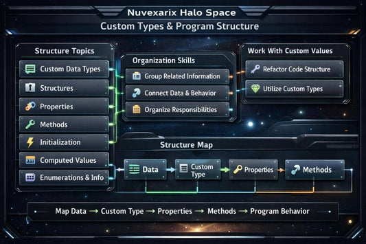 A digital infographic titled 'Nuvexarix Halo Space Custom Types & Program Structure' showing a dark futuristic interface with boxes and arrows for structure topics, organization skills, custom values, and a structure map.
