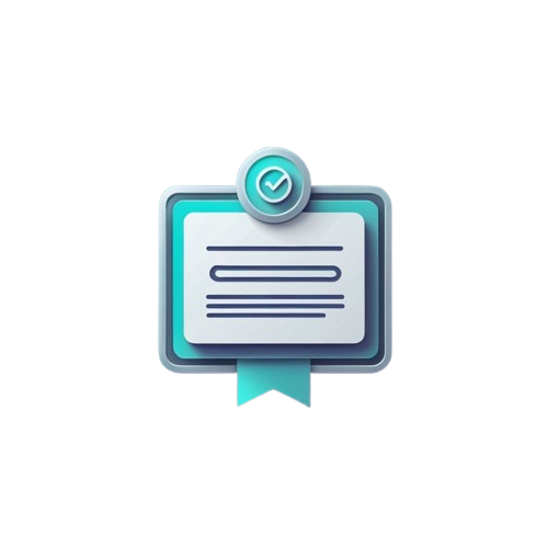 A 3D-style digital icon of a certificate or document with a teal ribbon bookmark and a checkmark badge on a light gray background.