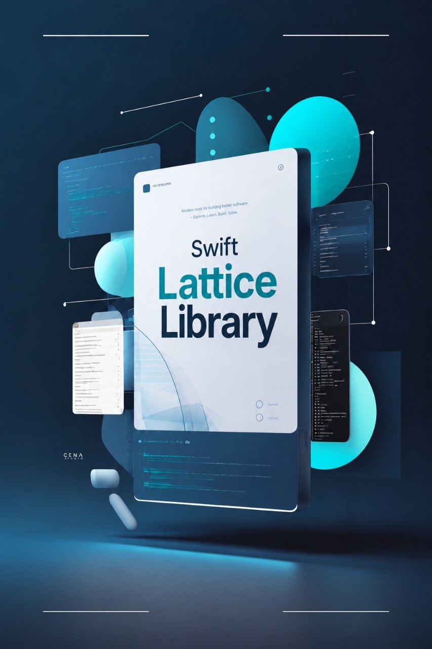 A digital cover design for 'Swift lattice Library' displayed on a floating tablet screen, surrounded by floating code panels, glowing cyan circles, and a dark blue background.