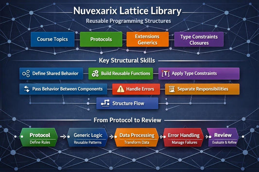 A digital infographic titled 'Nuvexarix Halo Space Custom Types & Program Structure' showing a dark futuristic interface with boxes and arrows for structure topics, organization skills, custom values, and a structure map.