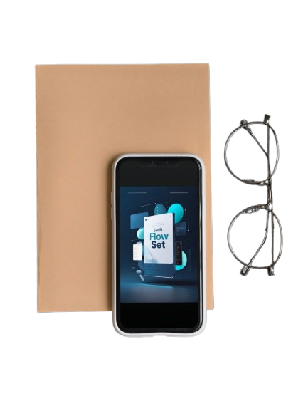 A smartphone displaying a digital course or app interface labeled 'Swift Flow Set' placed in front of a tan notebook, with a pair of thin metal eyeglasses to the right, all on a plain white background.