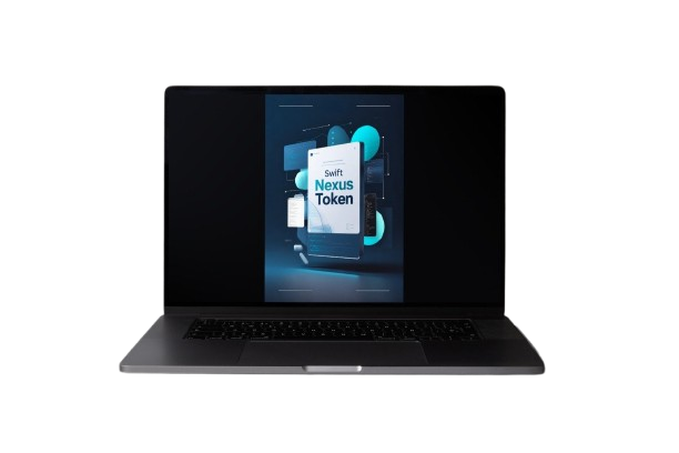 A dark gray laptop sits open on a light gray surface against a textured gray wall, with its screen displaying a digital graphic that reads 'Shift Anchor Token'.