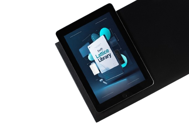 A black tablet device lying on a dark surface against a light gray background, displaying a digital cover titled 'Swift Vertex Link' on its screen.