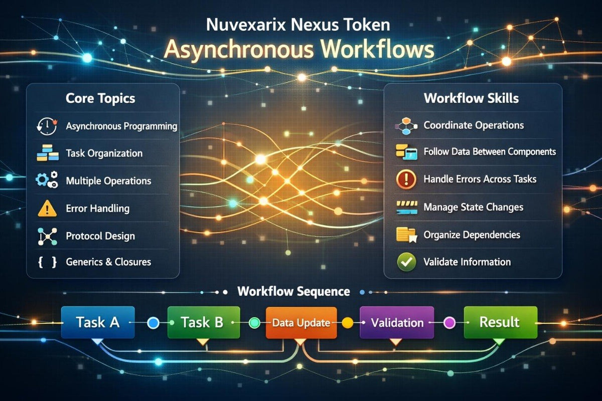 A digital infographic titled 'Nuvexarix Nexus Token Asynchronous Workflows' on a dark blue background with glowing orange and blue network lines. The graphic lists 'Core Topics' on the left, 'Workflow Skills' on the right, and a 'Workflow Sequence' at the bottom with colored task boxes.