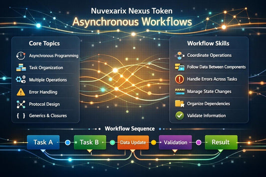 A digital infographic titled 'Nuvexarix Nexus Token Asynchronous Workflows' on a dark blue background with glowing orange and blue network lines. The graphic lists 'Core Topics' on the left, 'Workflow Skills' on the right, and a 'Workflow Sequence' at the bottom with colored task boxes.