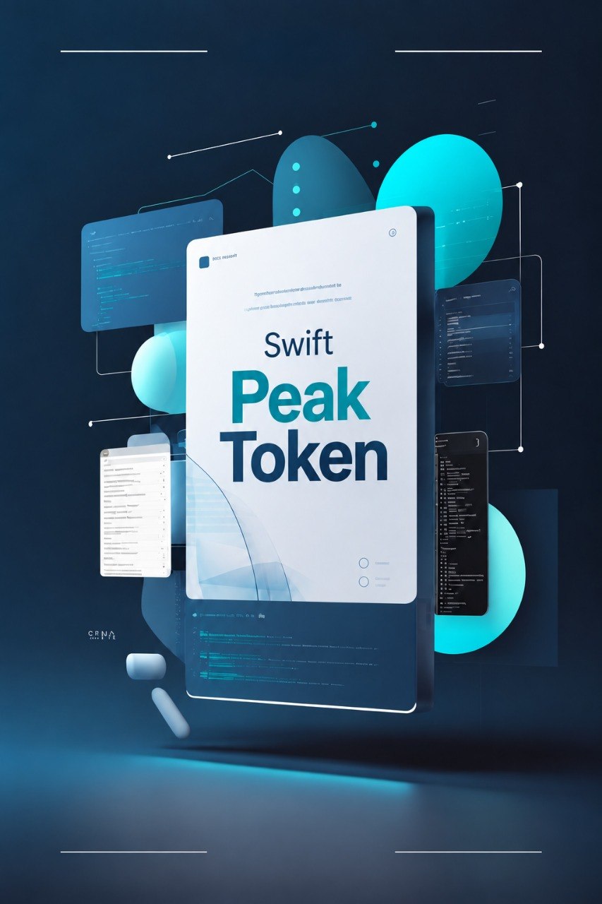 A digital cover design for 'Swift Peak Token' displayed on a floating tablet screen, surrounded by floating code panels, glowing cyan circles, and a dark blue background.