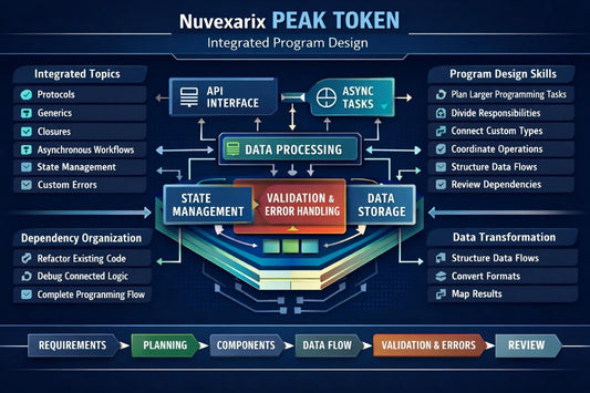 A digital infographic titled 'Nuvexarix Halo Space Custom Types & Program Structure' showing a dark futuristic interface with boxes and arrows for structure topics, organization skills, custom values, and a structure map.