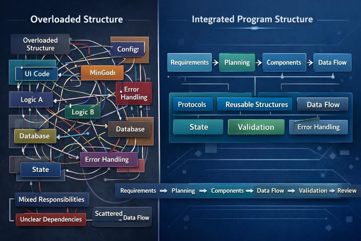 A digital infographic comparing 'Overloaded Structure' on the left with 'Integrated Program Structure' on the right, using a dark blue background and various colored boxes to represent software components, data flow, and state validation.