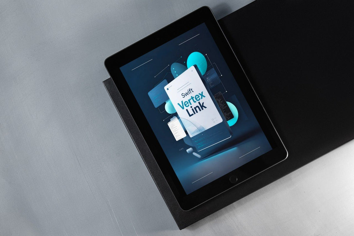 A black tablet device lying on a dark surface against a light gray background, displaying a digital cover titled 'Swift Vertex Link' on its screen.